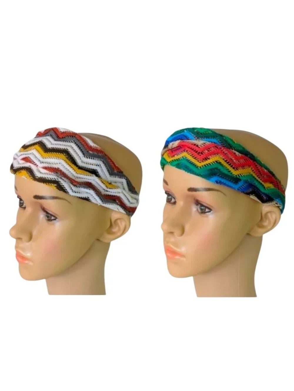Set of 2 Multicolor Crocheted Zigzag Chevron Stretch Headbands